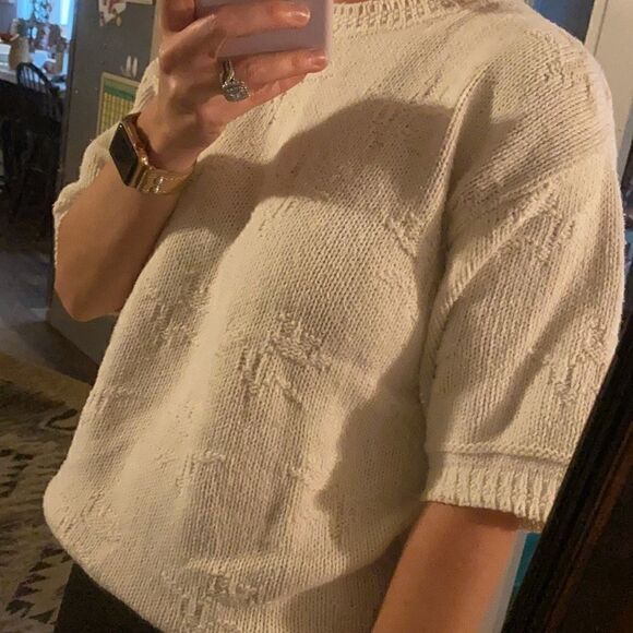 Eddie Bauer | Vintage Round Knit Pullover Textured Short Sleeve Cream Sweater S - Picture 10 of 10